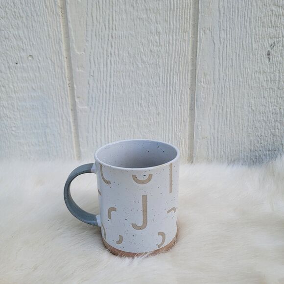 West Elm Wax Resist Monogram Coffee Mug Letter J  Off Wht /tan /gry Stoneware - Picture 1 of 2